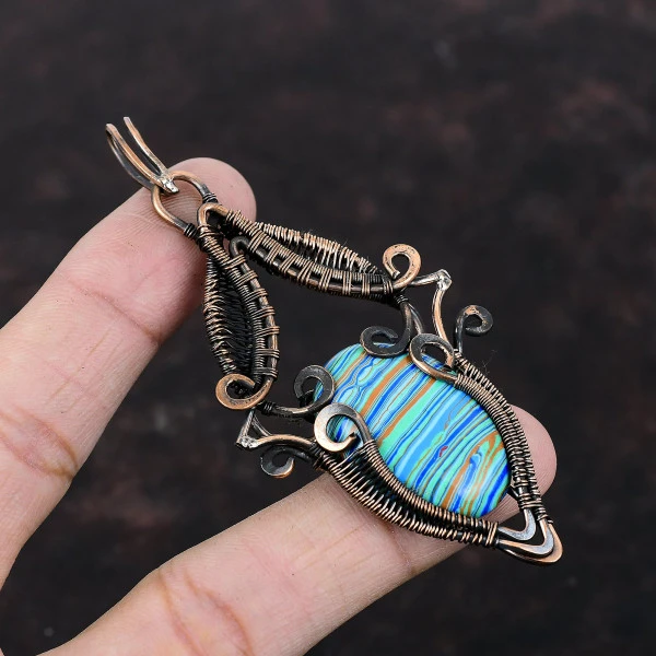Rainbow Calsilica Oval Blue Handmade Copper Wire Wrapped Pendant