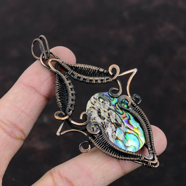Abalone Shell Oval Green Handmade Copper Wire Wrapped Pendant