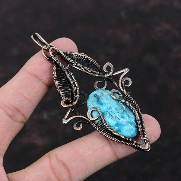 Shattuckite Oval Blue Handmade Copper Wire Wrapped Pendant