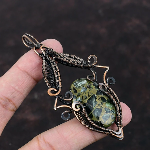 Copper Seraphinite Oval Green Handmade Copper Wire Wrapped Pendant