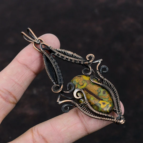 Fruit Jasper Oval Yellow Handmade Copper Wire Wrapped Pendant
