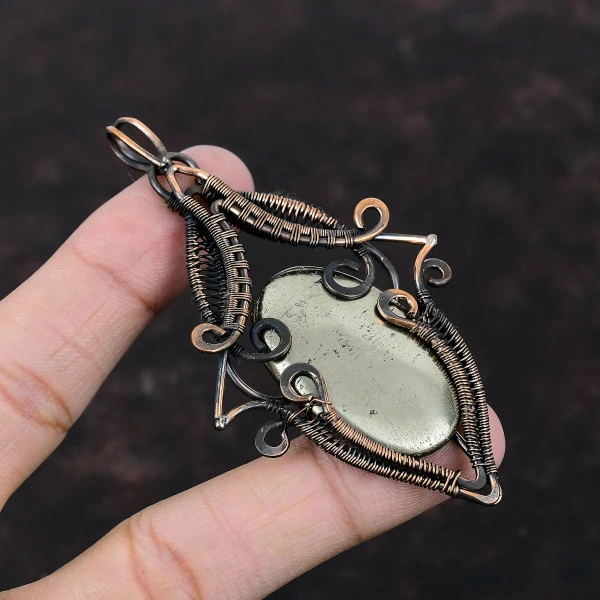 Pyrite Oval Gold Handmade Copper Wire Wrapped Pendant