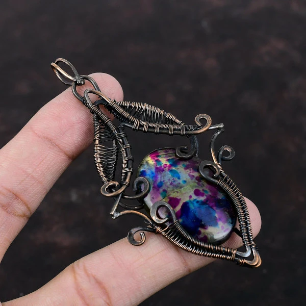 Multi Fire Labradorite Oval Pink Handmade Copper Wire Wrapped Pendant