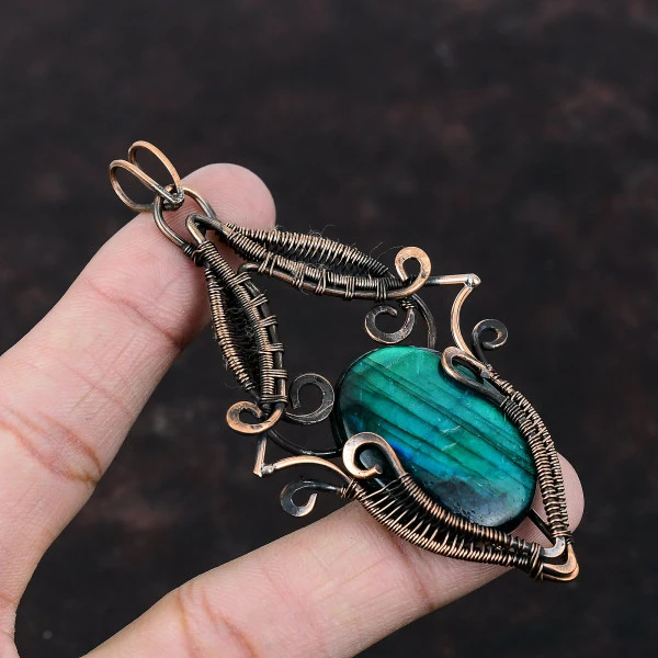 Neon Flash Labradorite Oval Blue Handmade Copper Wire Wrapped Pendant