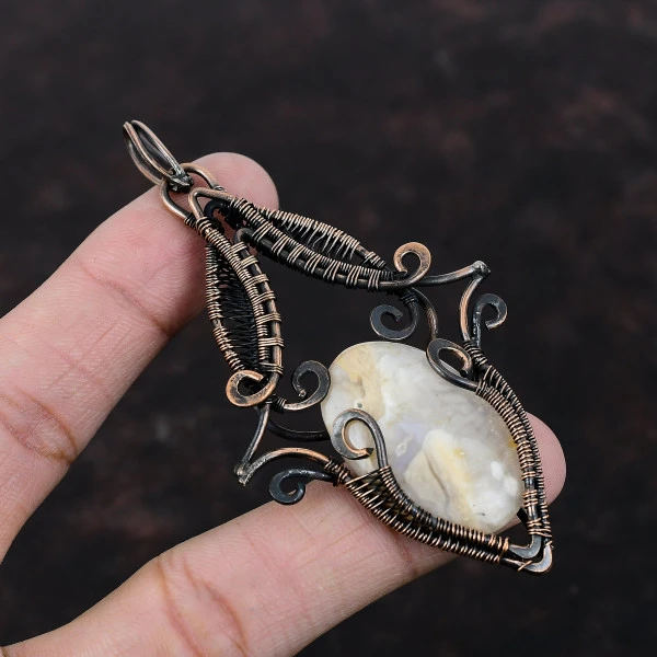 Plume Agate Oval Yellow Handmade Copper Wire Wrapped Pendant
