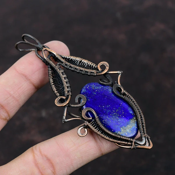 Lapis Lazuli Oval Blue Handmade Copper Wire Wrapped Pendant