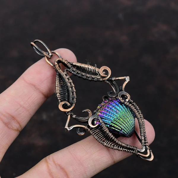 Titanium Coated Shell Pear Green Handmade Copper Wire Wrapped Pendant