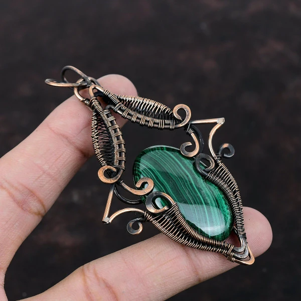 Malachite Oval Green Handmade Copper Wire Wrapped Pendant