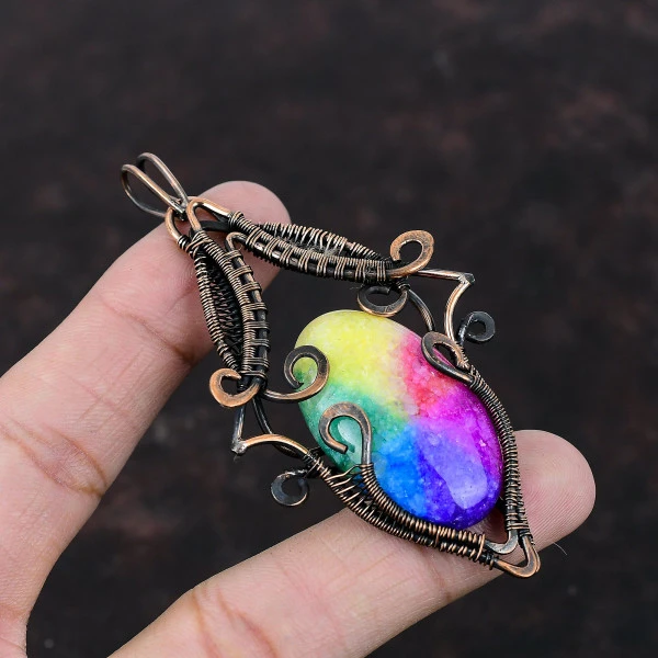 Rainbow Solar Quartz Druzy Oval Pink Handmade Copper Wire Wrapped Pendant