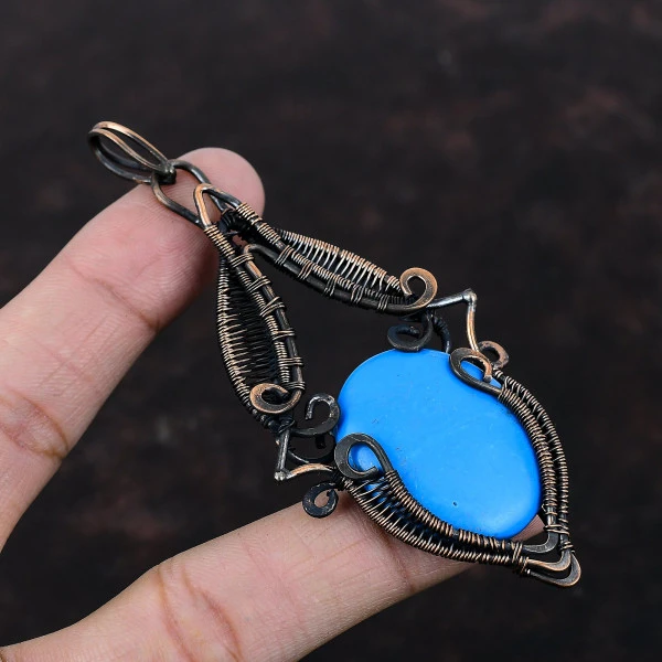 Sleeping Beauty Turquoise Oval Blue Handmade Copper Wire Wrapped Pendant