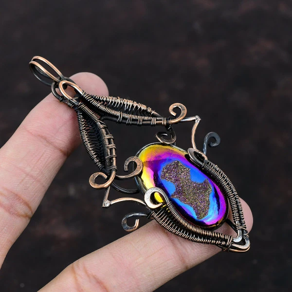Titanium Druzy Oval Pink Handmade Copper Wire Wrapped Pendant