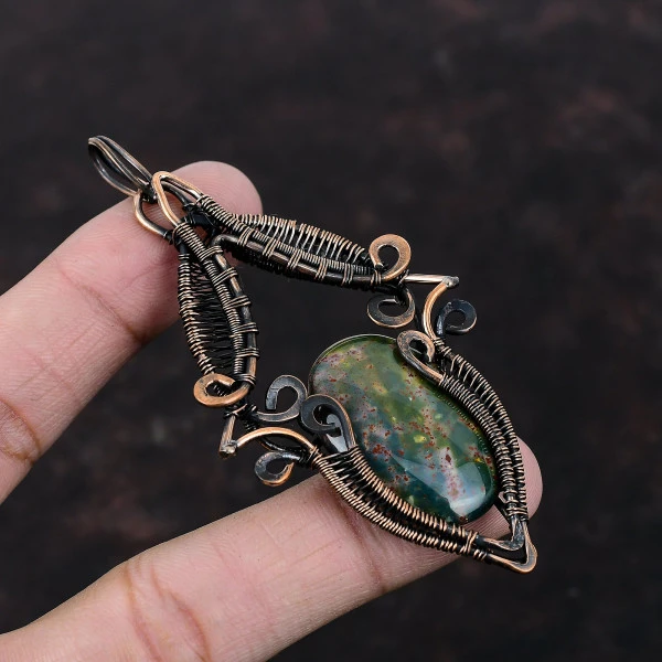 Bloodstone Oval Green Handmade Copper Wire Wrapped Pendant
