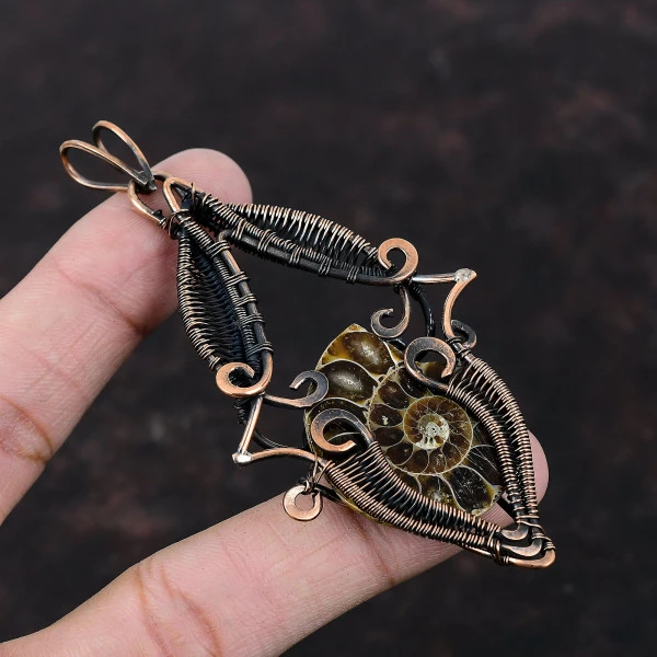 Ammonite Fossil Pear Brown Handmade Copper Wire Wrapped Pendant
