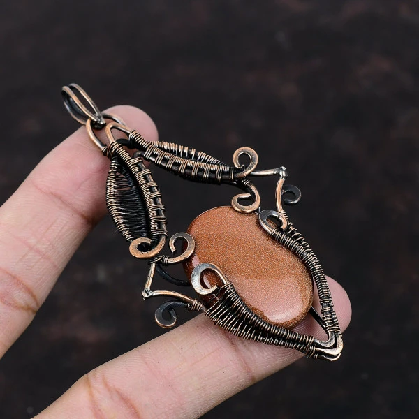 Sun Sitara Oval Orange Handmade Copper Wire Wrapped Pendant
