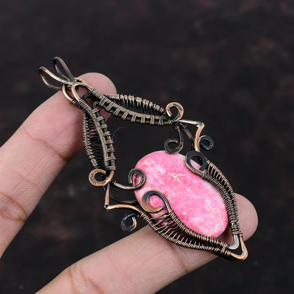 Thulite Oval Pink Handmade Copper Wire Wrapped Pendant