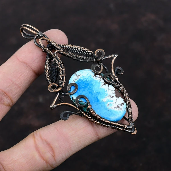 Tibetan Turquoise Oval Blue Handmade Copper Wire Wrapped Pendant
