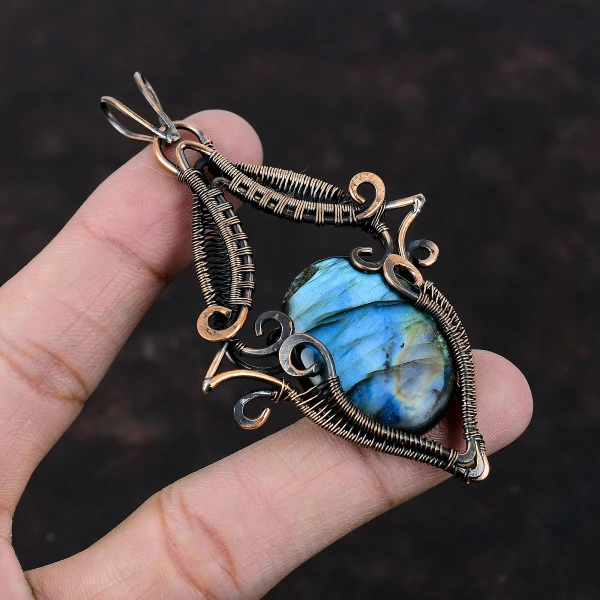 Labradorite Oval Gray Handmade Copper Wire Wrapped Pendant