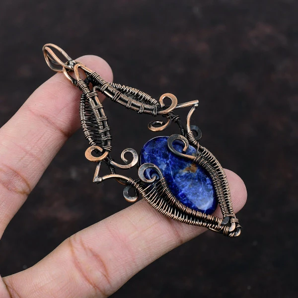 Sodalite Oval Blue Handmade Copper Wire Wrapped Pendant