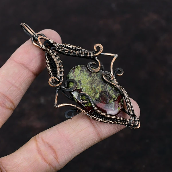 Dragon Bloodstone Oval Green Handmade Copper Wire Wrapped Pendant
