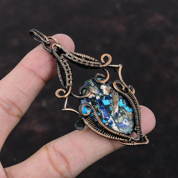 Copper Multi Turquoise Oval Blue Handmade Copper Wire Wrapped Pendant