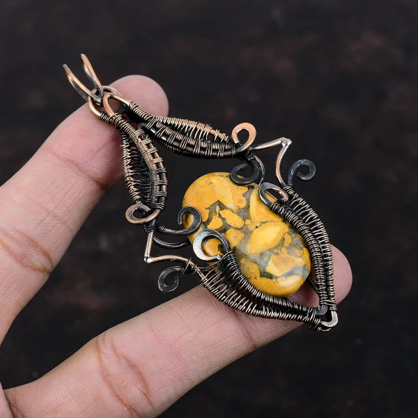 Maligano Jasper Oval Yellow Handmade Copper Wire Wrapped Pendant