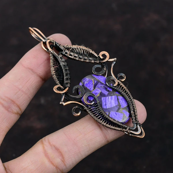 Copper Charoite Oval Purple Handmade Copper Wire Wrapped Pendant