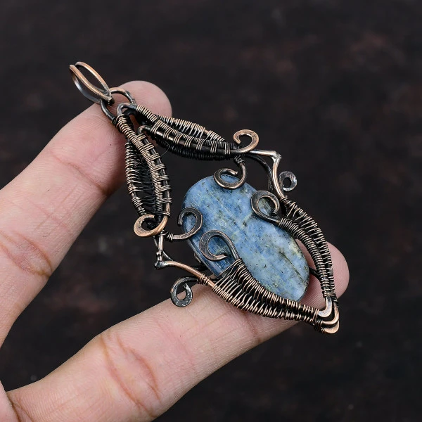 Kyanite Oval Blue Handmade Copper Wire Wrapped Pendant