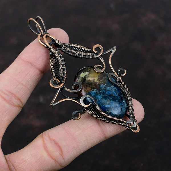 Watermelon Tourmaline Oval Blue Handmade Copper Wire Wrapped Pendant
