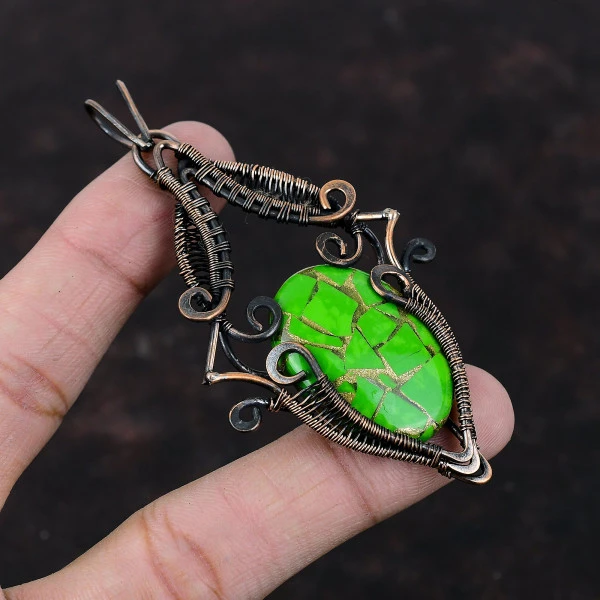 Copper Green Turquoise Oval Green Handmade Copper Wire Wrapped Pendant