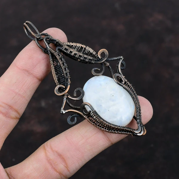 Rainbow Moonstone Oval White Handmade Copper Wire Wrapped Pendant