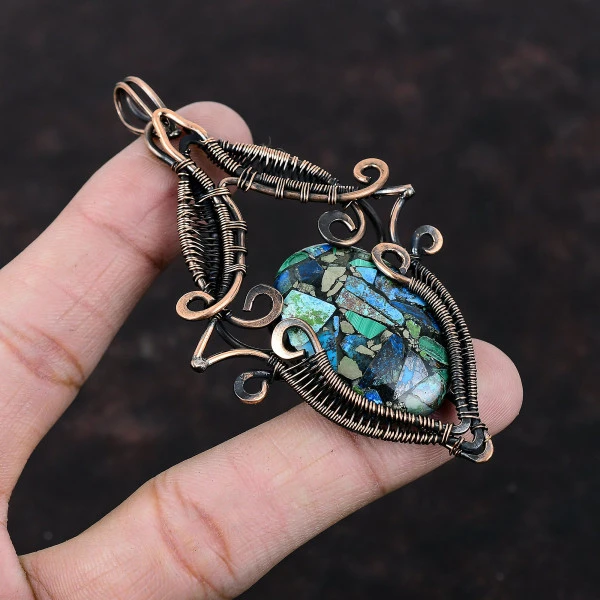 Copper Azurite Malachite Oval Green Handmade Copper Wire Wrapped Pendant