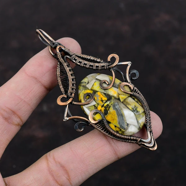 Copper Bumble Bee Jasper Oval Yellow Handmade Copper Wire Wrapped Pendant