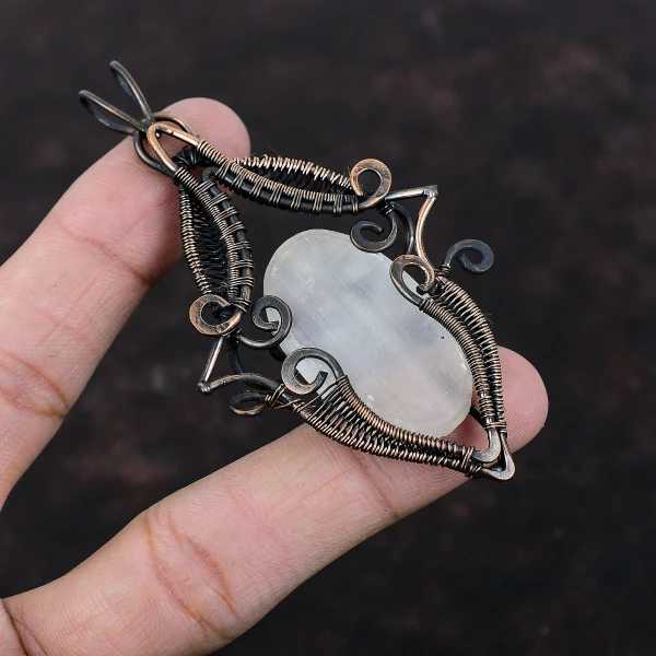 Selenite Druzy Oval White Handmade Copper Wire Wrapped Pendant