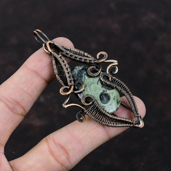 Kambaba Jasper Oval Green Handmade Copper Wire Wrapped Pendant