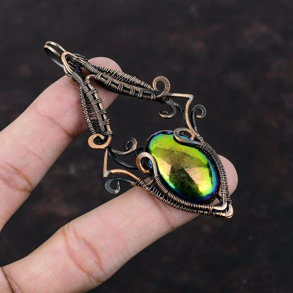 Mystic Fire Labradorite Oval Green Handmade Copper Wire Wrapped Pendant