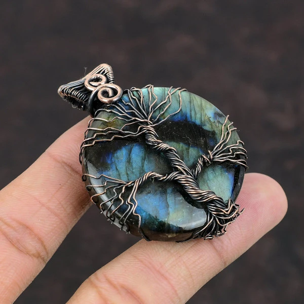 Labradorite Round Gray Handmade Copper Wire Wrapped Pendant