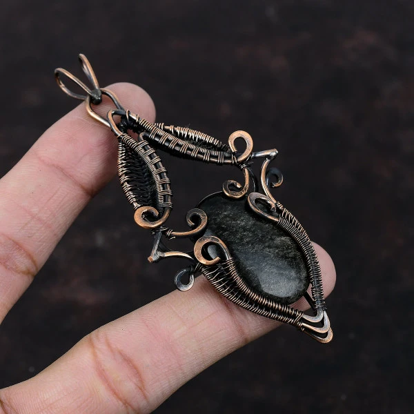 Silver Sheen Obsidian Oval Black Handmade Copper Wire Wrapped Pendant