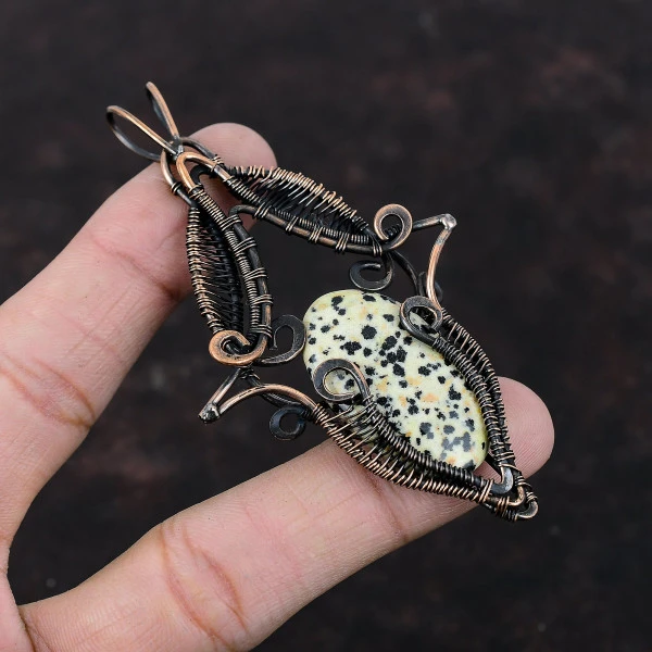 Dalmatian Jasper Oval Black Handmade Copper Wire Wrapped Pendant