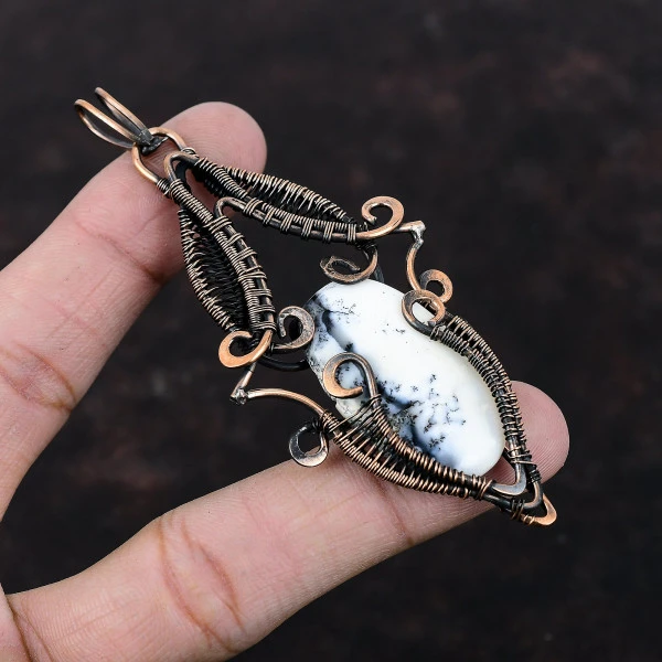 Dendrite Opal Oval White Handmade Copper Wire Wrapped Pendant
