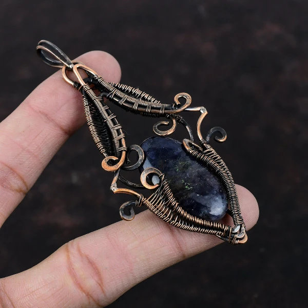 Iolite Sunstone Oval Blue Handmade Copper Wire Wrapped Pendant