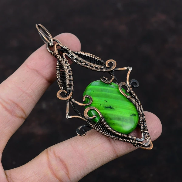 Green Fire Labradorite Oval Green Handmade Copper Wire Wrapped Pendant