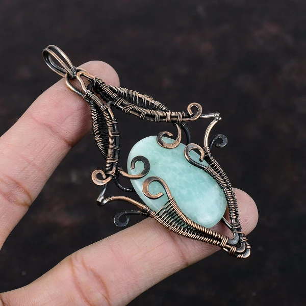 Amazonite Oval Green Handmade Copper Wire Wrapped Pendant