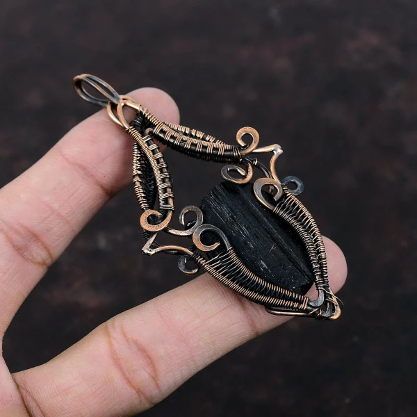 Black Tourmaline Rough Oval Black Handmade Copper Wire Wrapped Pendant