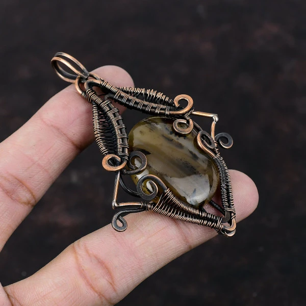 Montana Agate Oval Brown Handmade Copper Wire Wrapped Pendant