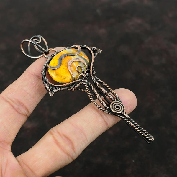 Bumble Bee Jasper Oval Yellow Handmade Copper Wire Wrapped Pendant
