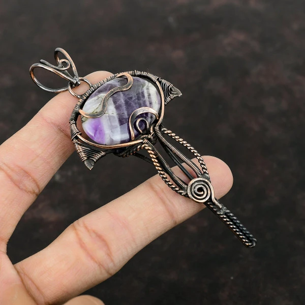 Chevron Amethyst Oval Purple Handmade Copper Wire Wrapped Pendant
