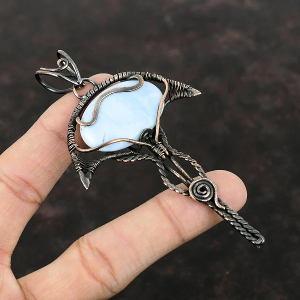 Owyhee Blue Opal Oval Blue Handmade Copper Wire Wrapped Pendant