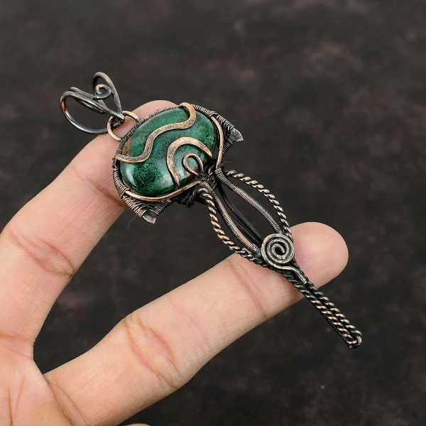 Cuprite Chrysocolla Oval Green Handmade Copper Wire Wrapped Pendant