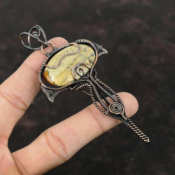 Picture Jasper Oval Brown Handmade Copper Wire Wrapped Pendant