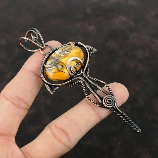 Brecciated Mookaite Oval Yellow Handmade Copper Wire Wrapped Pendant
